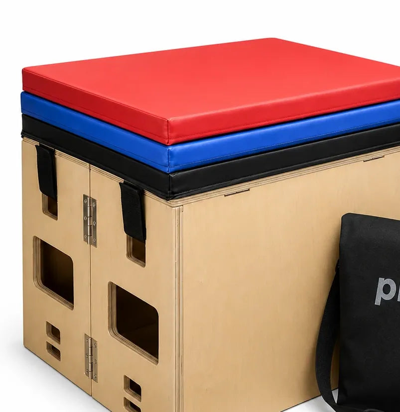 Stapelbare EPE-foam pads in rood, blauw en zwart op de PLYOFOLD