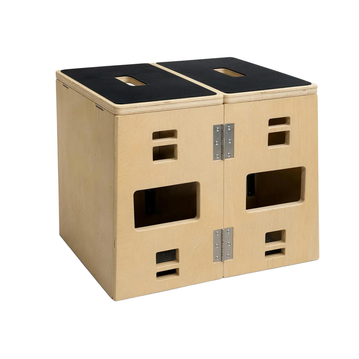 PLYOFOLD opvouwbare plyobox volledig uitgeklapt: houten constructie met zwarte grip-top